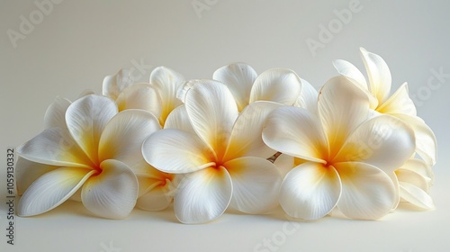 Close-up of delicate white plumeria flowers with yellow centers on a light background. AI generative. .