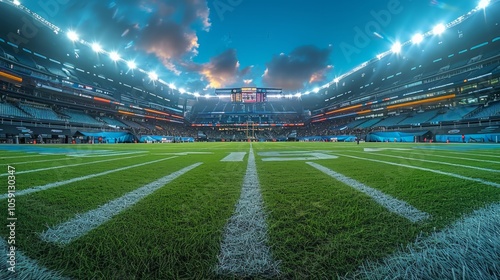 Empty football field, green grass, white lines, stadium seats, blue sky. AI generative. .