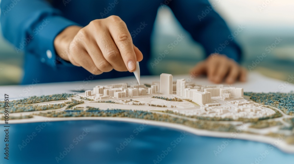 Architect's hand pointing at a white model of a city. Architect's hand pointing at a white model of a city.