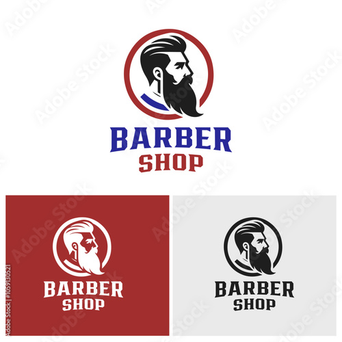 Stylized barbershop logo featuring a profile with a well-groomed beard and hair. Simple and elegant in black and white.