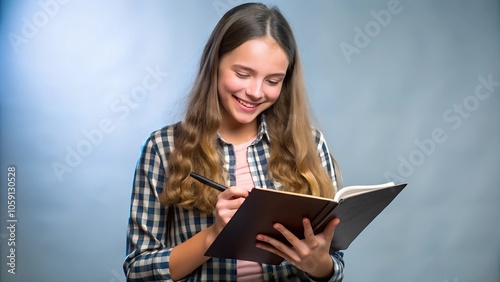 smiling teen girl noting school diary in studio