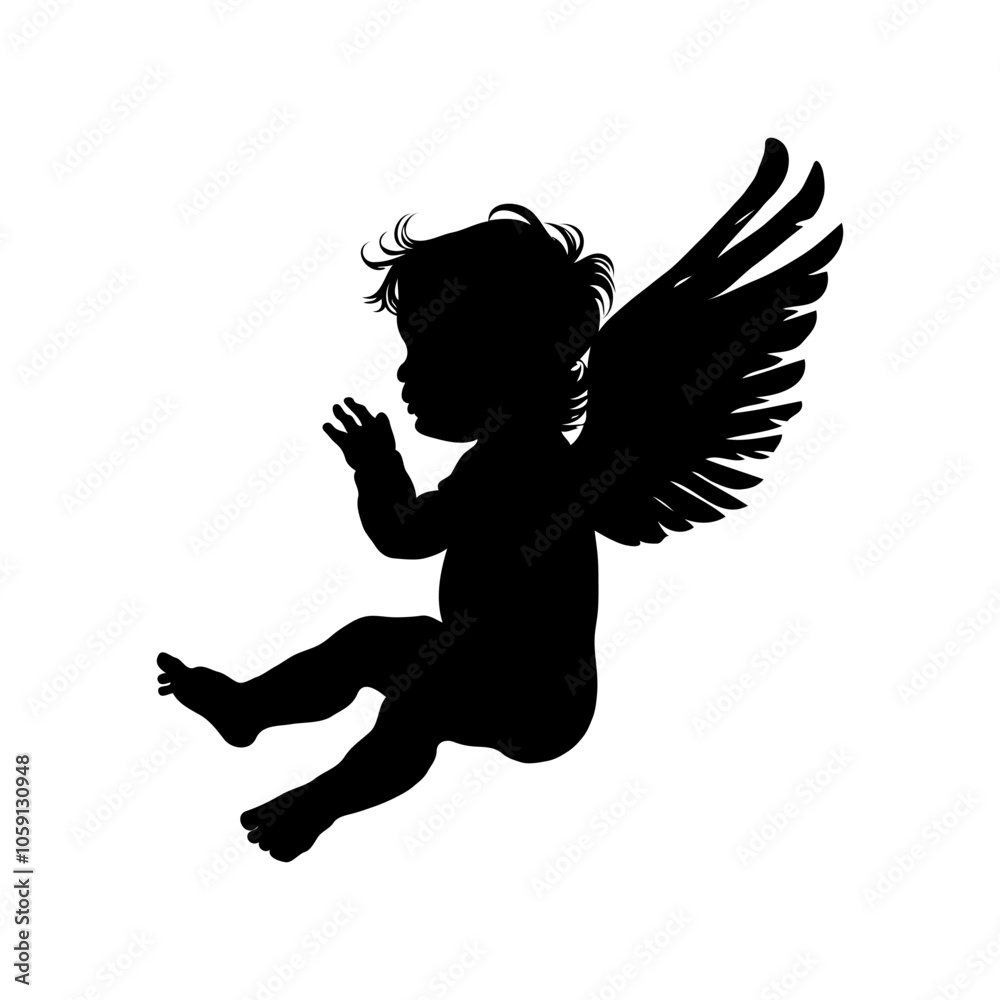 Fototapeta premium Christmas baby angel is shown in a silhouette, with wings and a head. Concept of innocence and purity