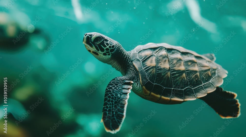 Fototapeta premium Young Turtle Swimming Through Water Safely