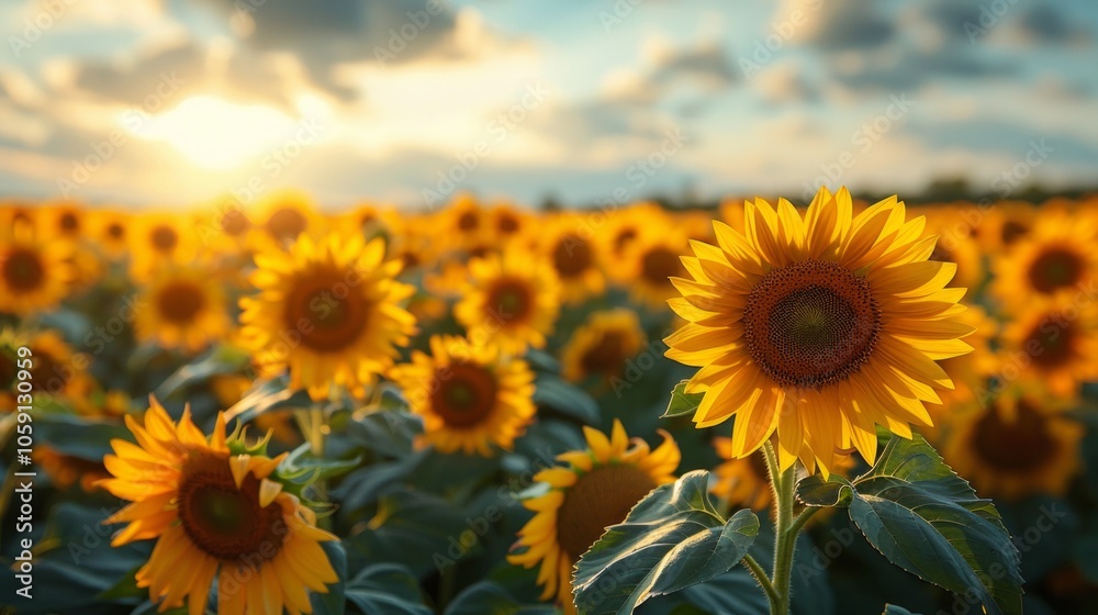 Close-up of a sunflower with a blurred background of other sunflowers and a cloudy sky. AI generative. .