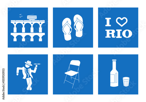 Icons of Rio de Janeiro - Brazil ( Brasil ) and its natural beauty. Representation of Carioca, Lapa, slippers, i love Rio, cachaça, bar chair in vector. 