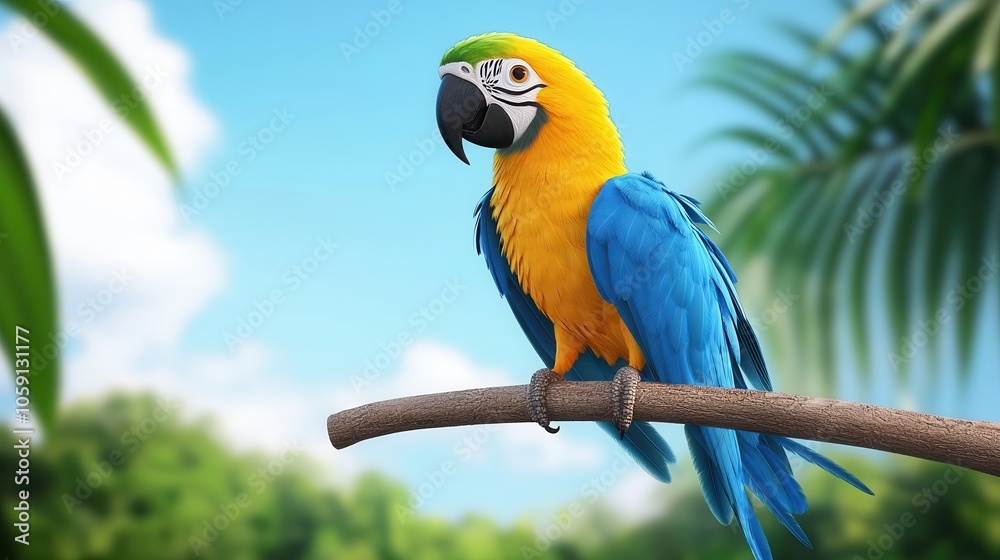 A vibrant blue and yellow parrot perched on a branch, showcasing its colorful feathers against a tropical backdrop. A vibrant blue and yellow parrot perched on a branch, showcasing its colorful feathers against a tropical backdrop.