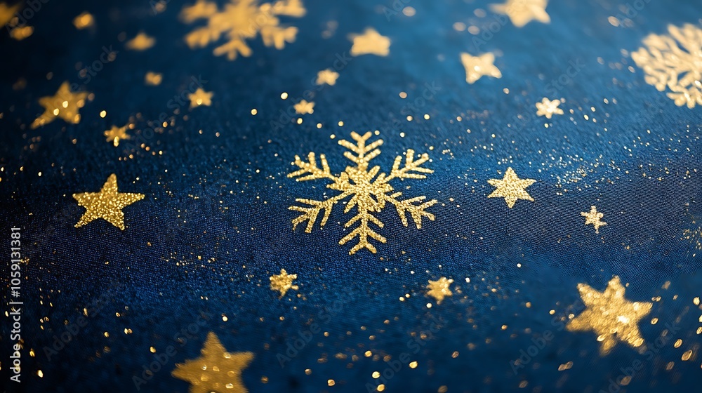 A close-up of a textured blue background adorned with gold snowflakes and stars, evoking a festive atmosphere. A close-up of a textured blue background adorned with gold snowflakes and stars, evoking a festive atmosphere.