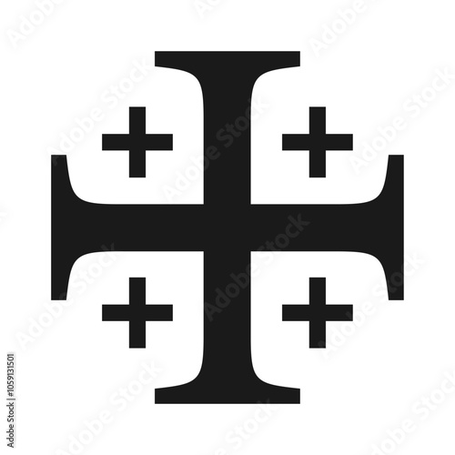 Jerusalem cross symbol. Crusade sign. Crusader knight icon. Christianity logo. Vector illustration image.