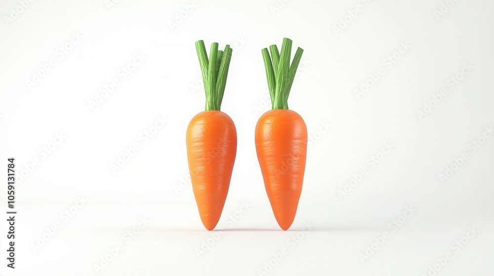 Two vibrant, fresh carrots with green tops, showcasing healthy produce against a light background.