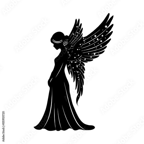 A silhouette of a woman angel with wings on her back. The wings are black and white.