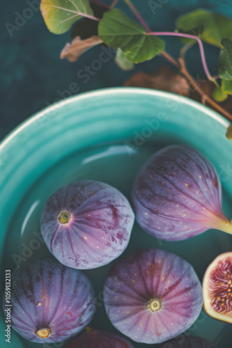 Vertical Purple figs fruit on greeen plate close up. photo