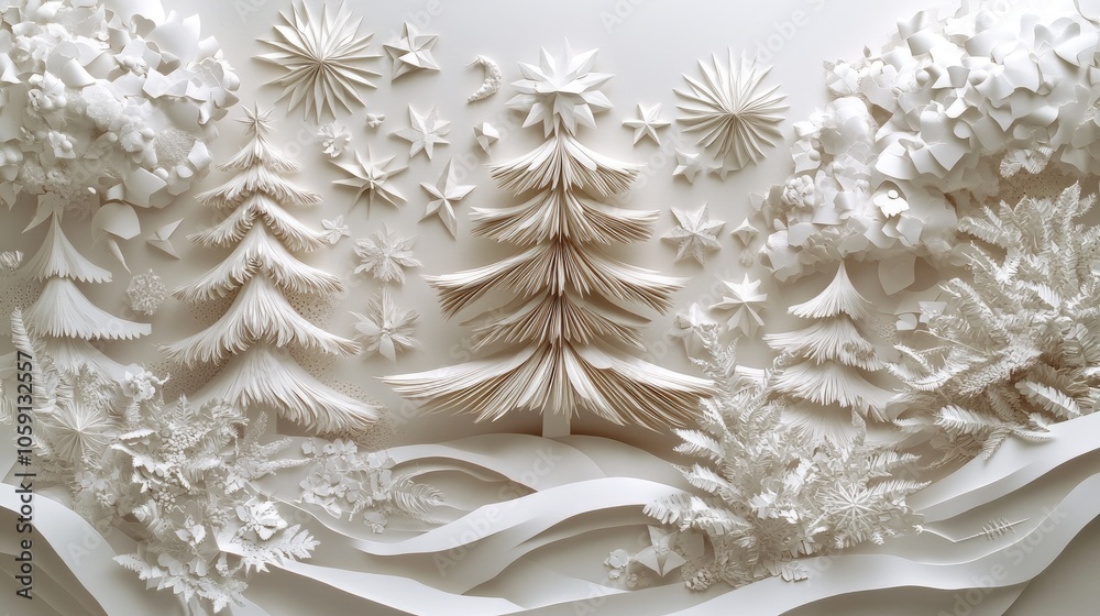 Intricate paper bas-relief of Christmas elements, including stars and trees, showcasing the holiday season with a textured and artistic touch. Intricate paper bas-relief of Christmas elements, including stars and trees, showcasing the holiday season with a textured and artistic touch.