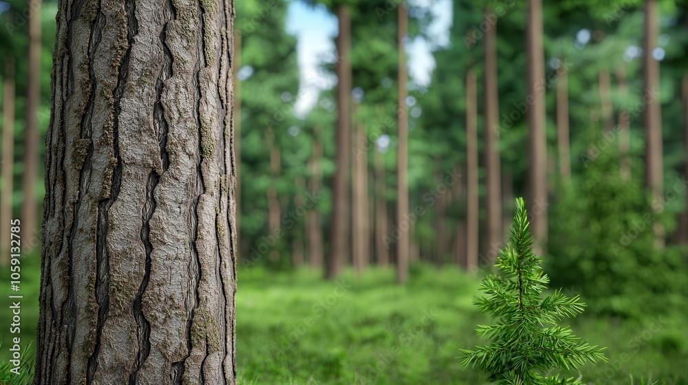 Fototapeta premium A close-up of a textured tree trunk surrounded by lush greenery in a serene forest setting.