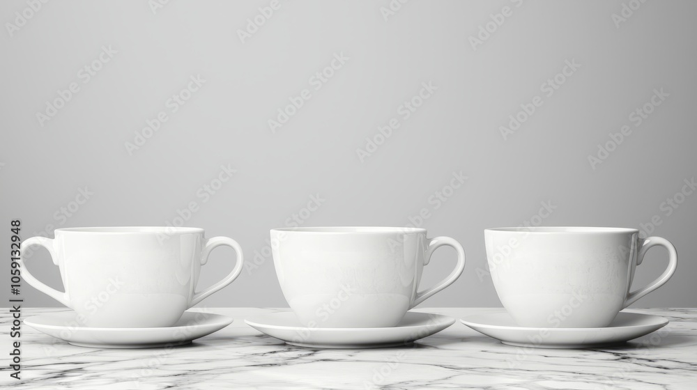 Three empty white coffee cups on a marble surface against a light gray background. Three empty white coffee cups on a marble surface against a light gray background.