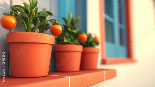 Three potted tomato plants with red tomatoes growing outside a window.