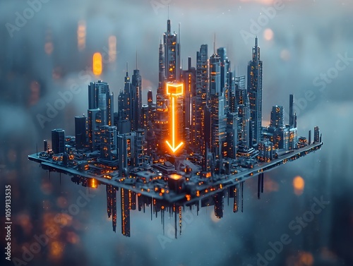 Futuristic Cityscape with Floating Progress Bar Symbolizing Technological Advancement photo