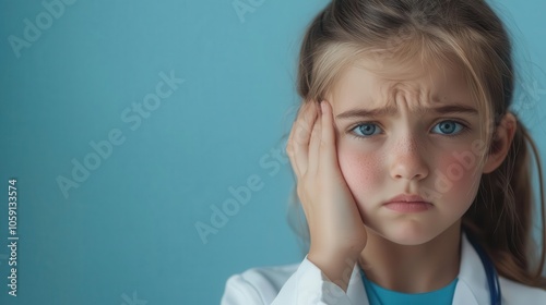 Child in doctor s office holding ear, doctor examining, ear pain, healthcare and diagnosis photo