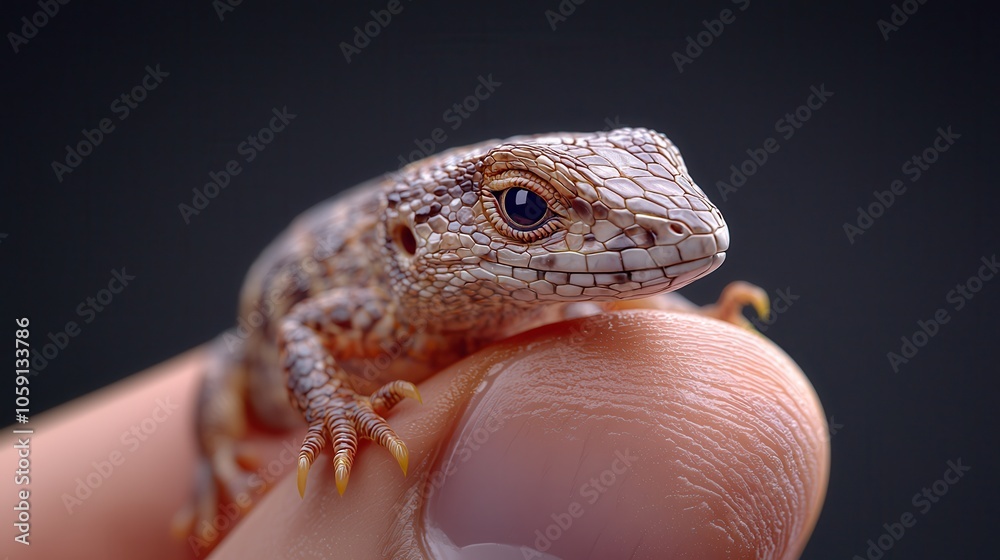 Close-up of a small, intricately patterned lizard perched on a finger, showcasing detailed textures and colors. Close-up of a small, intricately patterned lizard perched on a finger, showcasing detailed textures and colors.