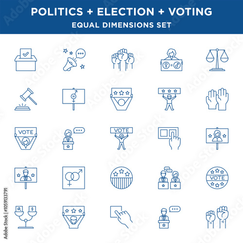 Line Political Election and Voting Icons Set with equal size dimensions and line widths in Vector Format. 