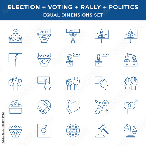Political Election and Voting line Icons Set with equal size dimensions and line widths in Vector Format