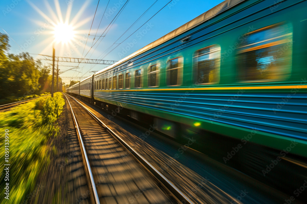 A green and blue train is moving rapidly on the railway, with a motion blur effect. A green and blue train is moving rapidly on the railway, with a motion blur effect.