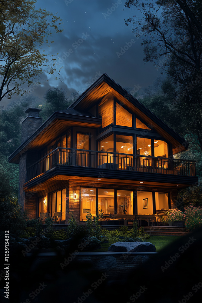 House in the wood in evening lights in windows House in the wood in evening lights in windows