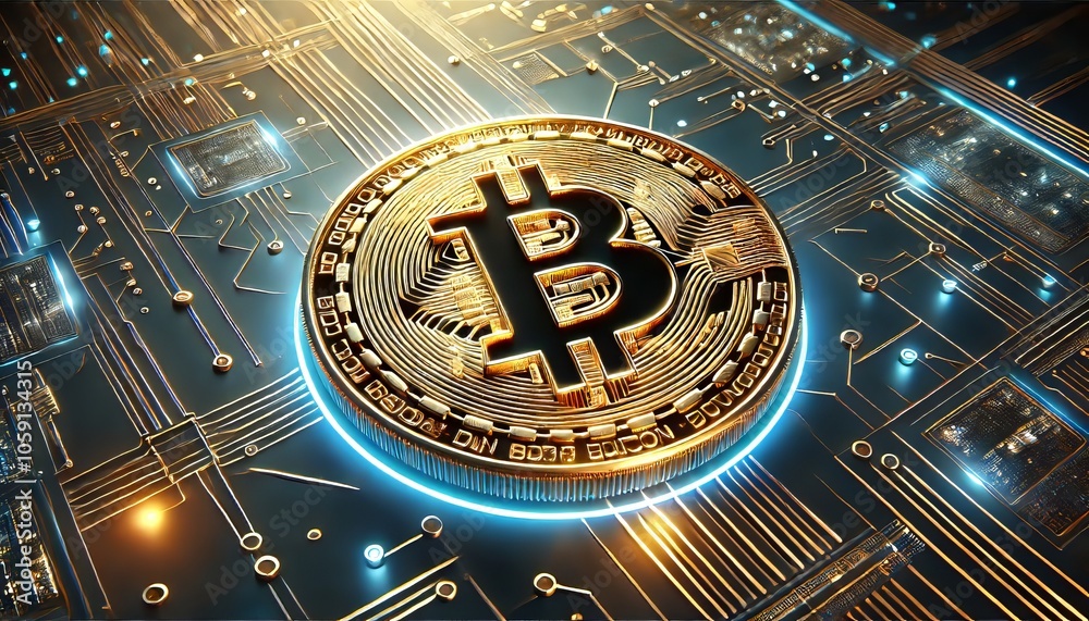Golden Bitcoin Cryptocurrency on Circuit Board Background Golden Bitcoin Cryptocurrency on Circuit Board Background