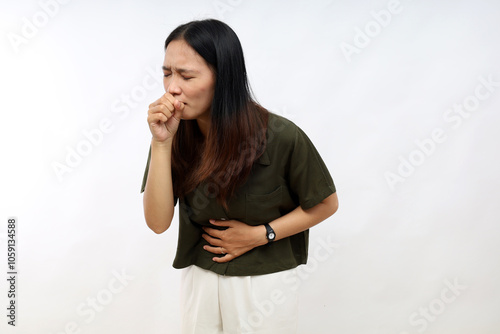 Young asian woman wearing casual shirt feeling unwell and coughing as symptom for cold or bronchitis. health care concept.