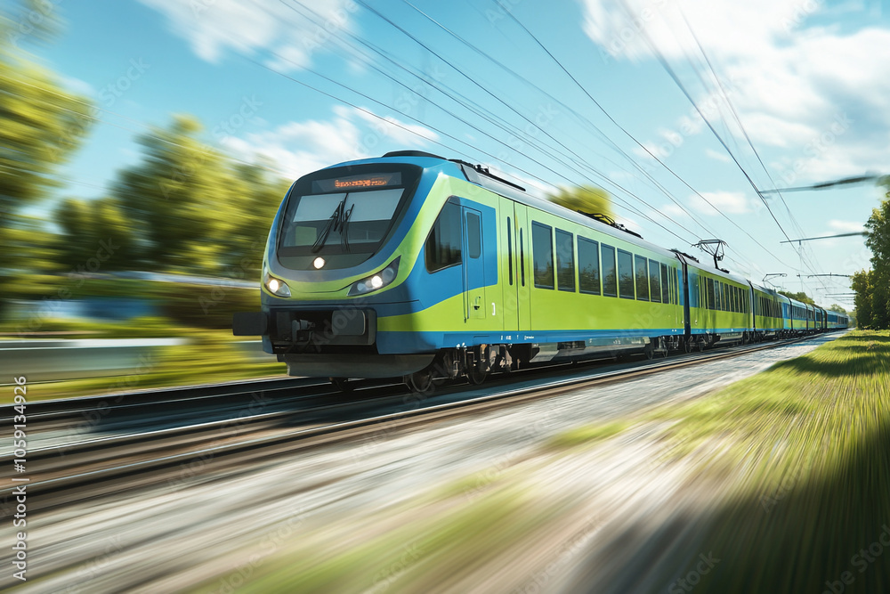 Naklejka premium A green and blue train is moving rapidly on the railway, with a motion blur effect.