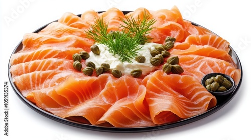 Sliced smoked salmon arranged on a plate with cream cheese, capers, and a sprig of dill