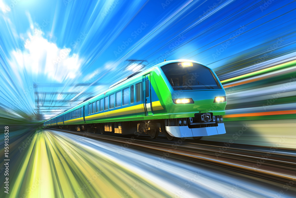 Fototapeta premium A green and blue train is moving rapidly on the railway, with a motion blur effect.