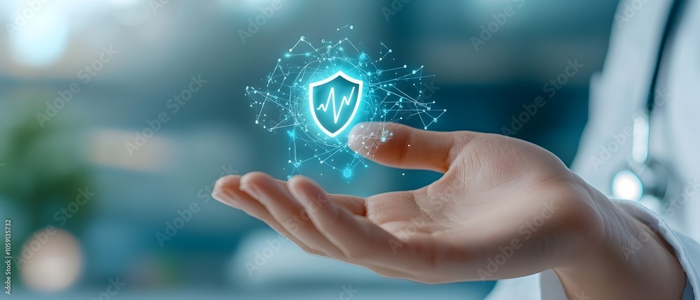Close up view of a finger gently touching a glowing futuristic shield icon symbolizing security protection and innovation in the healthcare and hospital industry