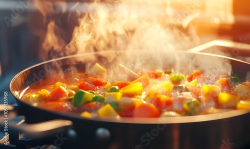 Steaming pot of colorful vegetable stew.