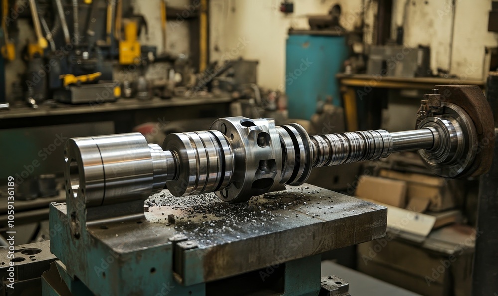 Machined metal part on a lathe. Machined metal part on a lathe.