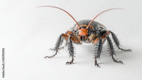 Close-up of a vibrant cockroach with detailed antennae and legs, showcasing its intricate features against a clean backdrop.