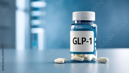 A medicine bottle labeled glp-1 placed against a blue laboratory background, medical research, pharmaceutical development, healthcare concept photo