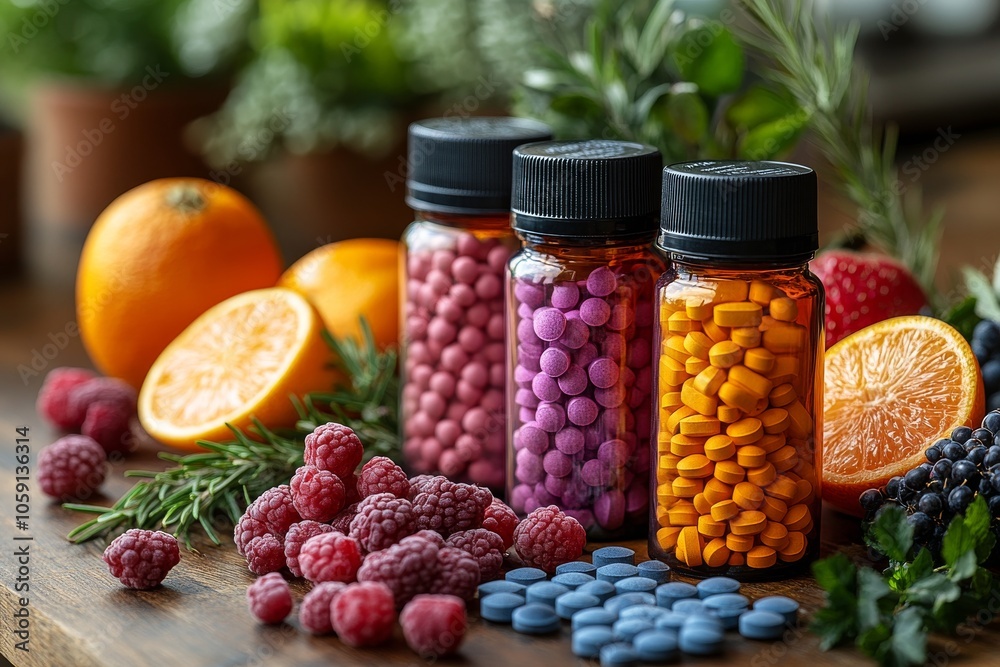 A capsules spilling out of an open bottle, representing hormonal balance, energy boost, and fitness. Generative AI A capsules spilling out of an open bottle, representing hormonal balance, energy boost, and fitness. Generative AI