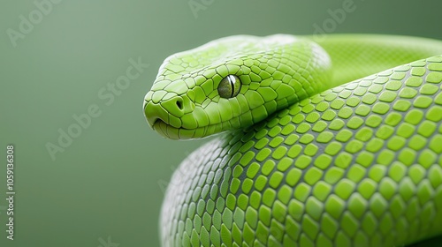 Close-up of a vibrant green snake with intricate scales, showcasing its captivating gaze and texture.