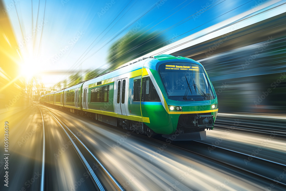 A green and blue train is moving rapidly on the railway, with a motion blur effect. A green and blue train is moving rapidly on the railway, with a motion blur effect.