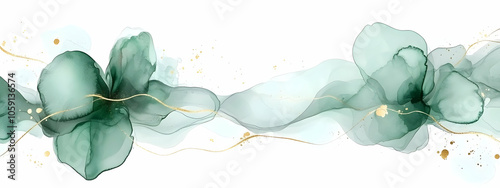 Abstract marbled ink liquid fluid watercolor painting texture banner illustration - Soft mint green petals, blossom flower flowers swirls gold painted lines, isolated on white background