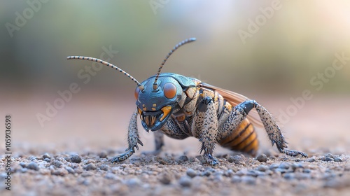 A close-up view of a colorful, stylized insect showcasing intricate details and vibrant hues.