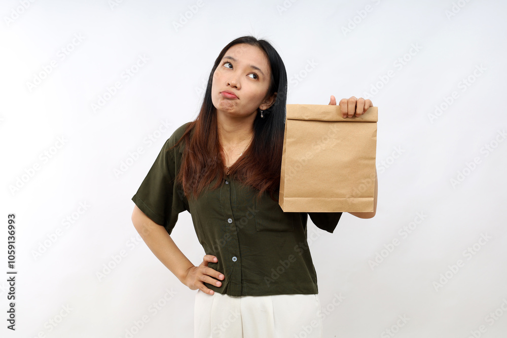 Pretty woman feeling puzzled and confused and doubting. Imagine and dreaming something .Take away food concept Pretty woman feeling puzzled and confused and doubting. Imagine and dreaming something .Take away food concept