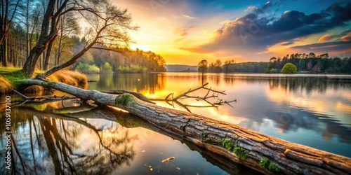 Wallpaper Mural Barren Landscape with Fallen Tree by Water's Edge - Nature's Resilience and Environmental Change Torontodigital.ca