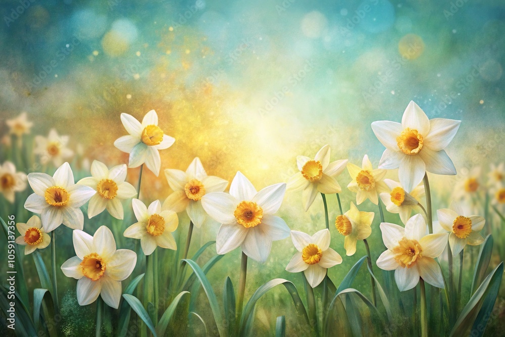 Whimsical illustration of a field of daffodils in soft pastel shades with intricate details and textures, pastel colors, spring theme Whimsical illustration of a field of daffodils in soft pastel shades with intricate details and textures, pastel colors, spring theme