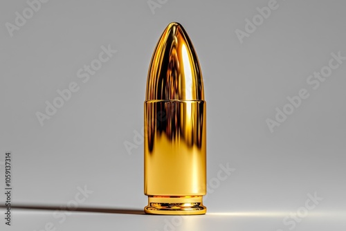 Outline of a bullet standing upright with soft shadows on a blank background, symbolizing precision and impact in a minimalistic design, capturing clarity and strength photo