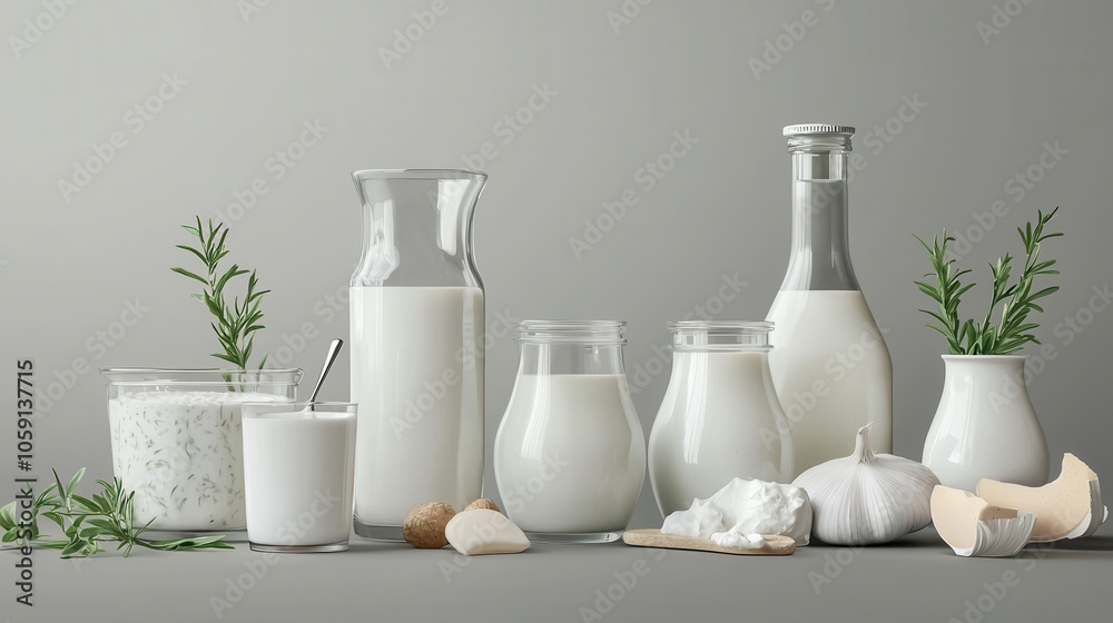 A serene arrangement of various dairy products and herbs, creating a fresh and wholesome vibe. A serene arrangement of various dairy products and herbs, creating a fresh and wholesome vibe.