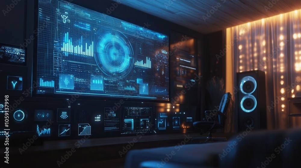 Futuristic interior with a sleek, modern design featuring glowing blue holographic displays and a comfortable chair. Futuristic interior with a sleek, modern design featuring glowing blue holographic displays and a comfortable chair.