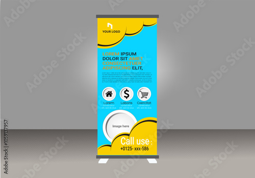 Roller banner, blue and yellow design, promotional stand, advertising display