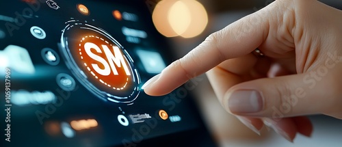 Close up of a woman s finger activating a holographic dashboard interface for a small to medium enterprise SME featuring glowing icons for growth management and digital strategy concepts photo