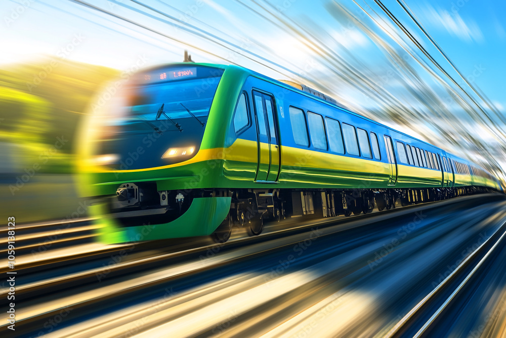 Fototapeta premium A green and blue train is moving rapidly on the railway, with a motion blur effect.